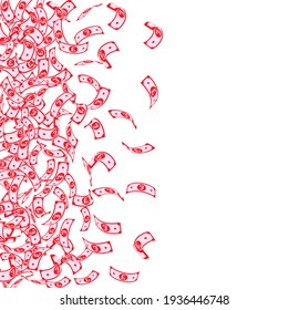 British pound notes falling. Small GBP bills on white background. United Kingdom money. Authentic vector illustration. Sublime jackpot, wealth or success concept.