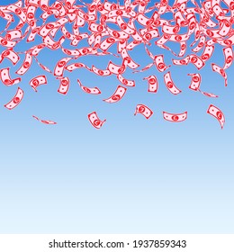 British pound notes falling. Small GBP bills on blue sky background. United Kingdom money. Awesome vector illustration. Beauteous jackpot, wealth or success concept.