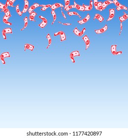 British pound notes falling. Sparse GBP bills on blue sky background. United Kingdom money. Awesome vector illustration. Bizarre jackpot, wealth or success concept.