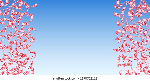 British pound notes falling. Sparse GBP bills on blue sky background. United Kingdom money. Beauteous vector illustration. Posh jackpot, wealth or success concept.