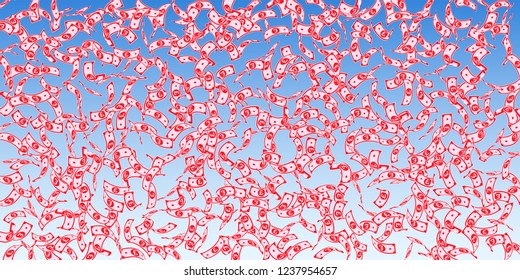 British pound notes falling. Sparse GBP bills on blue sky background. United Kingdom money. Beauteous vector illustration. Resplendent jackpot, wealth or success concept.