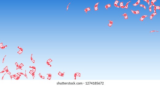 British pound notes falling. Sparse GBP bills on blue sky background. United Kingdom money. Beauteous vector illustration. Fascinating jackpot, wealth or success concept.