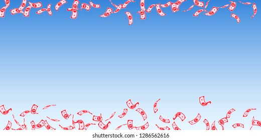 British pound notes falling. Sparse GBP bills on blue sky background. United Kingdom money. Beauteous vector illustration. Unique jackpot, wealth or success concept.