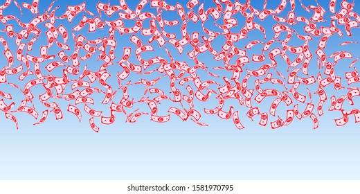 British pound notes falling. Sparse GBP bills on blue sky background. United Kingdom money. Beautiful vector illustration. Comely jackpot, wealth or success concept.