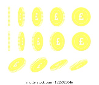 British pound rotating coins set, animation ready. Yellow GBP gold coins rotation. United Kingdom metal money. Fancy cartoon vector illustration.