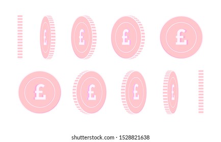 British pound rotating coins set, animation ready. Pink GBP copper coins rotation. United Kingdom metal money. Eminent cartoon vector illustration.