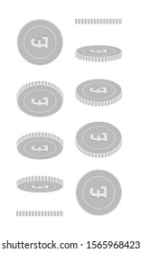 British pound rotating coins set, animation ready. Black and white GBP silver coins rotation. United Kingdom metal money. Fetching cartoon vector illustration.