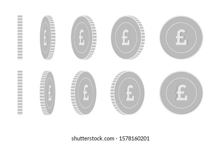 British pound rotating coins set, animation ready. Black and white GBP silver coins rotation. United Kingdom metal money. Fantastic cartoon vector illustration.