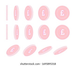British pound rotating coins set, animation ready. Pink GBP copper coins rotation. United Kingdom metal money. Exceptional cartoon vector illustration.