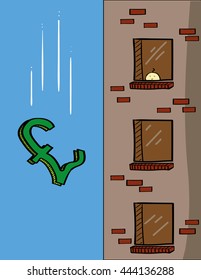 A British pound sign falling past the windows of an apartment block as a metaphor for the value of the pound or a financial crisis