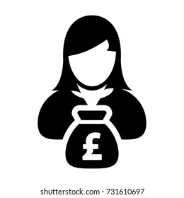 British Pound Sign Symbol Icon Vector Currency Money Bag With Female Person Avatar for Business Finance and Banking in Glyph Pictogram illustration