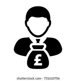 British Pound Sign Symbol Icon Vector Currency Money Bag With Male Person Avatar  for 
Business Finance and Banking in Glyph Pictogram illustration