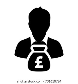 British Pound Sign Symbol Icon Vector Currency Money Bag With Male Person Avatar  for Business Finance and Banking in Glyph Pictogram illustration