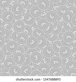 British pound silver coins seamless pattern. Stunning scattered black and white GBP coins. Success concept. United Kingdom money pattern. Coin vector illustration.