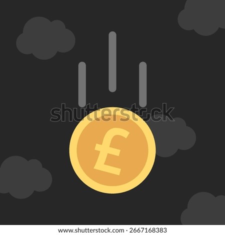 British pound sterling coin falling in dark gloomy black sky. Financial crisis, savings, inflation, currency and exchange rate concept. Flat design. EPS 8 vector illustration