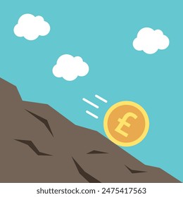 British pound sterling coin rolling downhill. Inflation, financial crisis, exchange rate decrease and savings devaluation concept. Flat design. EPS 8 vector illustration, no transparency, no gradients