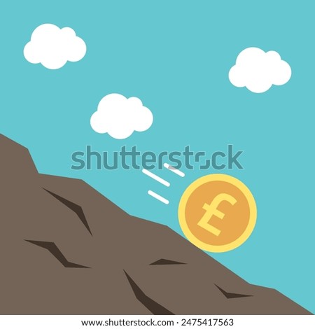 British pound sterling coin rolling downhill. Inflation, financial crisis, exchange rate decrease and savings devaluation concept. Flat design. EPS 8 vector illustration, no transparency, no gradients