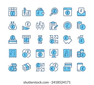 British pound sterling icons set. Vector line icons. Blue color outline stroke symbols. Modern concepts