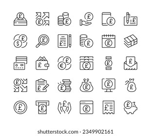 British pound sterling icons. Vector line icons set. UK currency concepts. Black outline stroke symbols