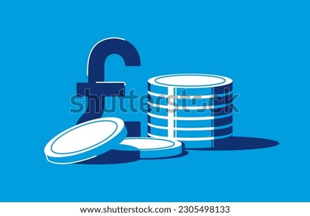 British pound sterling sign and stack of metall coins. UK currency. Tower of glowing money in flat style. Banking and economy, cashback, earnings and pay concept