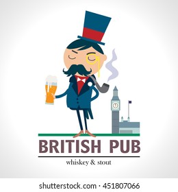 British pub label, gentleman Pub sign. Victorian Gentleman in a suit with a beer glass. Cartoon Character Icon Stylish English City Background. Poster, menu cover