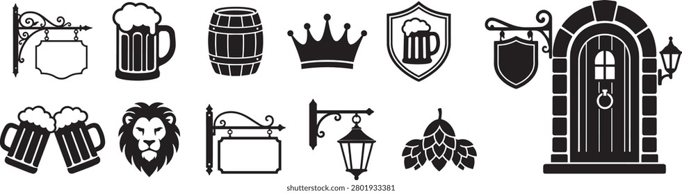 British Pub Vintage Vector Bundle - Retro Bar Tavern Sign Silhouette Pack - Traditional Ale House Beer Mug and Lion Crest Clip Art

Supercharge your hospitality branding projects with this premium commercial tavern vector graphics bundle celebrating traditional pub culture. This high quality historical silhouette collection features detailed icons of classic hanging pub signs, overflowing beer foam mugs, wooden ale barrels, royal crowns, heraldic beer shields, vintage tavern entrance doors, organic hops flora, and a classic imperial lion sign graphic. Highly recommended for bar menu designs, craft brewery product labels, pub apparel branding, tavern website layouts, and custom brewery promotional merchandise.