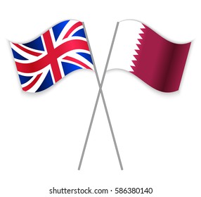 British and Qatari crossed flags. United Kingdom combined with Qatar isolated on white. Language learning, international business or travel concept.