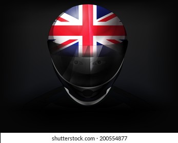 British racer with flag on helmet vector closeup illustration