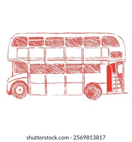 British red, double-decker bus. Sketch with simple lines. Vector illustration