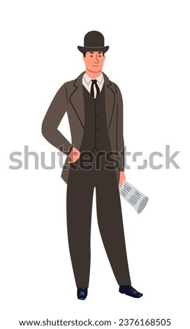 British retro man concept. Guy with newspaper. Culture and history of Great Britain. Sticker for social networks and messengers. Cartoon flat vector illustration isolated on white background