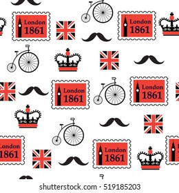 british retro seamless pattern with stamps and bikes