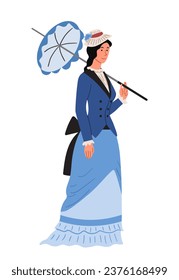 Britisches Retro-Frauenkonzept. Mädchen in blauem Kleid mit Regenschirm. Schönheit, Ästhetik und Eleganz. Grafisches Element für Website. Cartoon-FlachVektorgrafik einzeln auf weißem Hintergrund