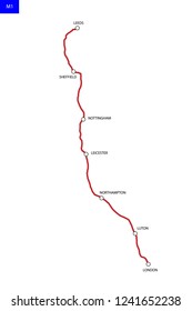 British Route M1. Highway London - Leeds. Road Map Of United Kingdom