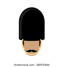 British royal guard in bearskin hat with mustache vector illustration. Royal life guard, security guard, london guard, queens guard