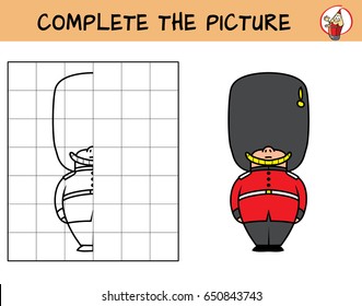 British Royal Guard. Copy the picture. Coloring book. Educational game for children. Cartoon vector illustration