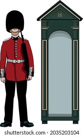 British Royal Guardsman at Buckingham Palace in London in a box on a white background svg