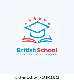 British School logo. Open book and graduation cap icon. Knowledge and education symbol. University, Library and bookstore logotype template. Vector illustration