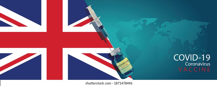 British scientist team has discovered the COVID-19 vaccine, laboratory test, syringe, a vaccine vial, working on the test. vaccine development Ready for treatment illustration, vector flat design