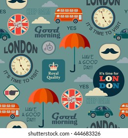 british seamless pattern with red umbrella and red bus