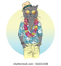 british short hair cat dressed up in aloha shirt, furry art illustration, fashion animals, hipster animals, summer illustration