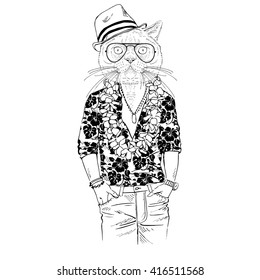 british short hair cat dressed up in aloha shirt, furry art illustration, fashion animals, hipster animals, summer illustration