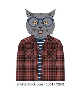 British Shorthair cat breed Hipster portrait. Fashion anthropomorphic pet illustration. Animal dressed up in plaid shirt, frog, glasses. Modern urban city look. Hand drawn vector.