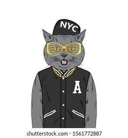 British Shorthair cat breed swag portrait. Fashion anthropomorphic pet illustration. Animal dressed up in bomber jacket, cap, golden chane and sunglasses. Modern urban city look. Hand drawn vector.