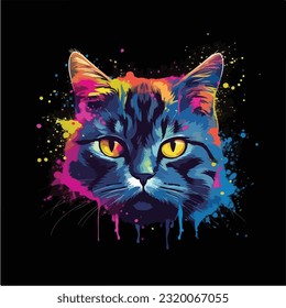 British Shorthair cat colorful splash art black 