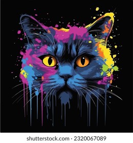 British Shorthair cat colorful splash art black 