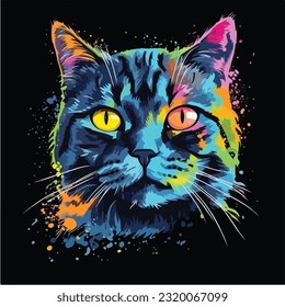 British Shorthair cat colorful splash art black 