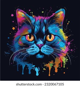 British Shorthair cat colorful splash art black 