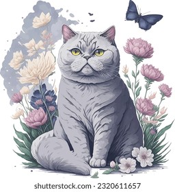 British Shorthair cat covered with flowers and leaves. This cute kitten drawing is in watercolor style and high detailed vector art. 