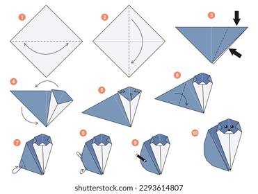 British shorthair cat origami scheme tutorial moving model. Origami for kids. Step by step how to make a cute origami cat. Vector illustration.