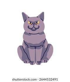 British Shorthair cat sits front view. Cute cat with happy muzzle. Funny kitten, grey kitty relaxes. Fluffy pet, domestic animal has a rest. Flat isolated vector illustration on white background